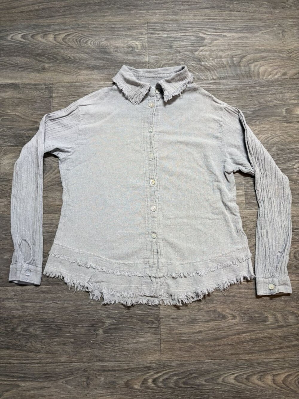 Oh My Gauze Button Up Shirt Small Frayed Hem Gray Beach Resortwear Western Boho